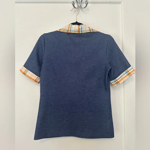 VINTAGE 3-pc 60s/70s denim/plaid print skirt/shirt/tunic set w/apple motif (S) - Picture 13 of 16